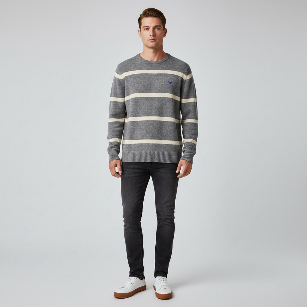 NWT American Eagle Striped Knit Sweater Y2K Preppy Athletic Fit XL Grey Wool